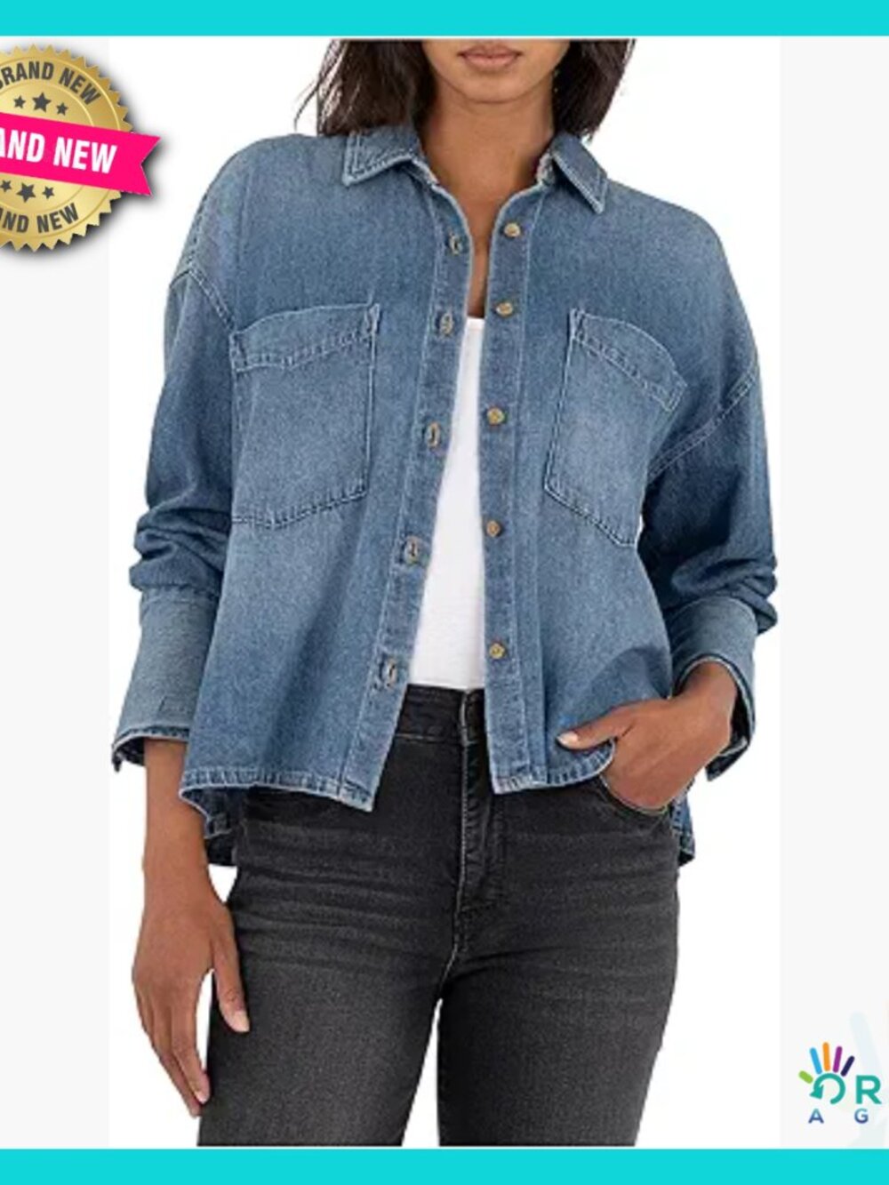 Denim Button Down Shirt Long Sleeve Wide Cuff Classic Preppy Chic Casual Wear